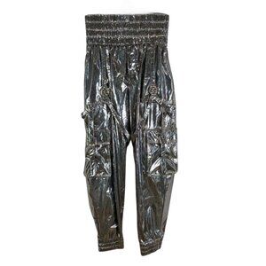Silver Metallic Cargo High Waist Joggers Pants w D&G, Size 24, Fashion Retro